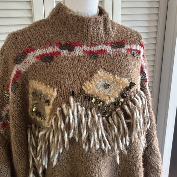 Free People Dark Crystal Wool Alpaca Fringe Oversized Poncho Sweater Size Small - Picture 3 of 13